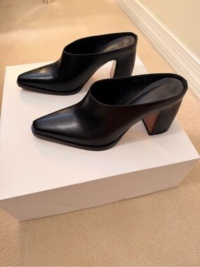 Black Leather Pointed-Toe Mule Heels